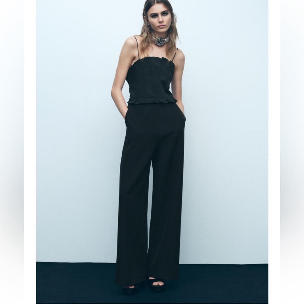 ZARA WIDE-LEG CREPE JUMPSUIT BLACK SIZE M NWOT - Picture 3 of 13